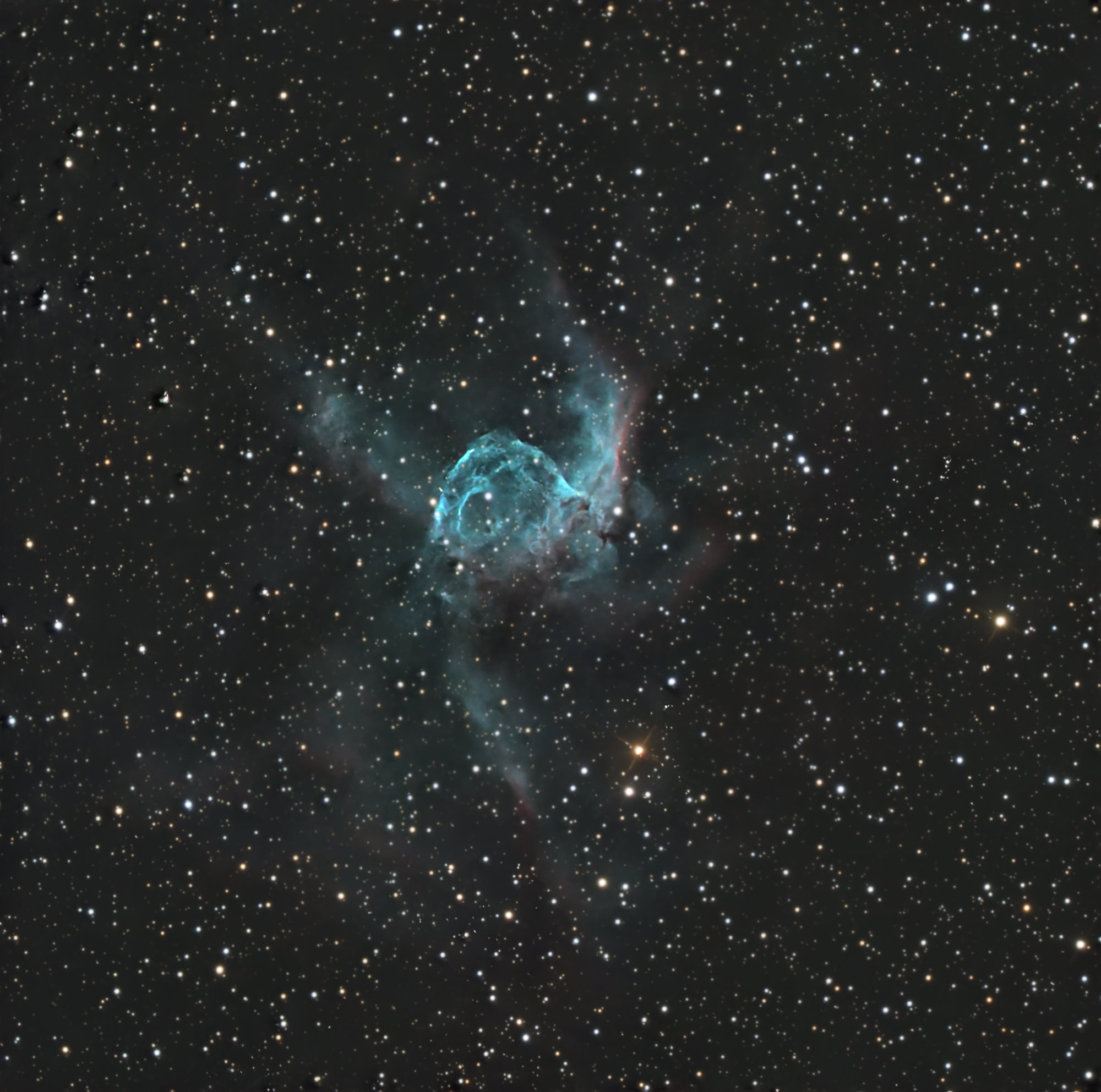 The Duck Nebula, also known as Thor's Helmet, NGC 2359 is a Wolf-Rayet ring nebula (a special type of emission nebula) in the constellation of Canis Major, south of the celestial equator.